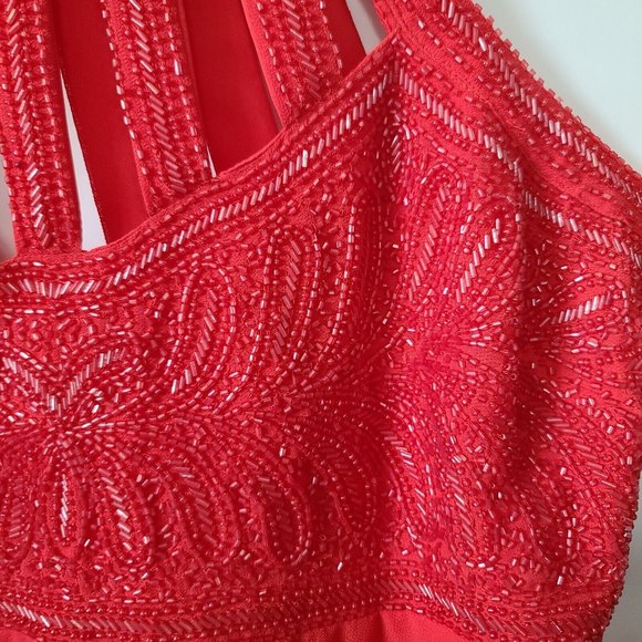 ASOS Sequined Halter Skater Dress Sz 10 Red Sleeveless Chiffon Fit Flare EUC - Picture 6 of 10